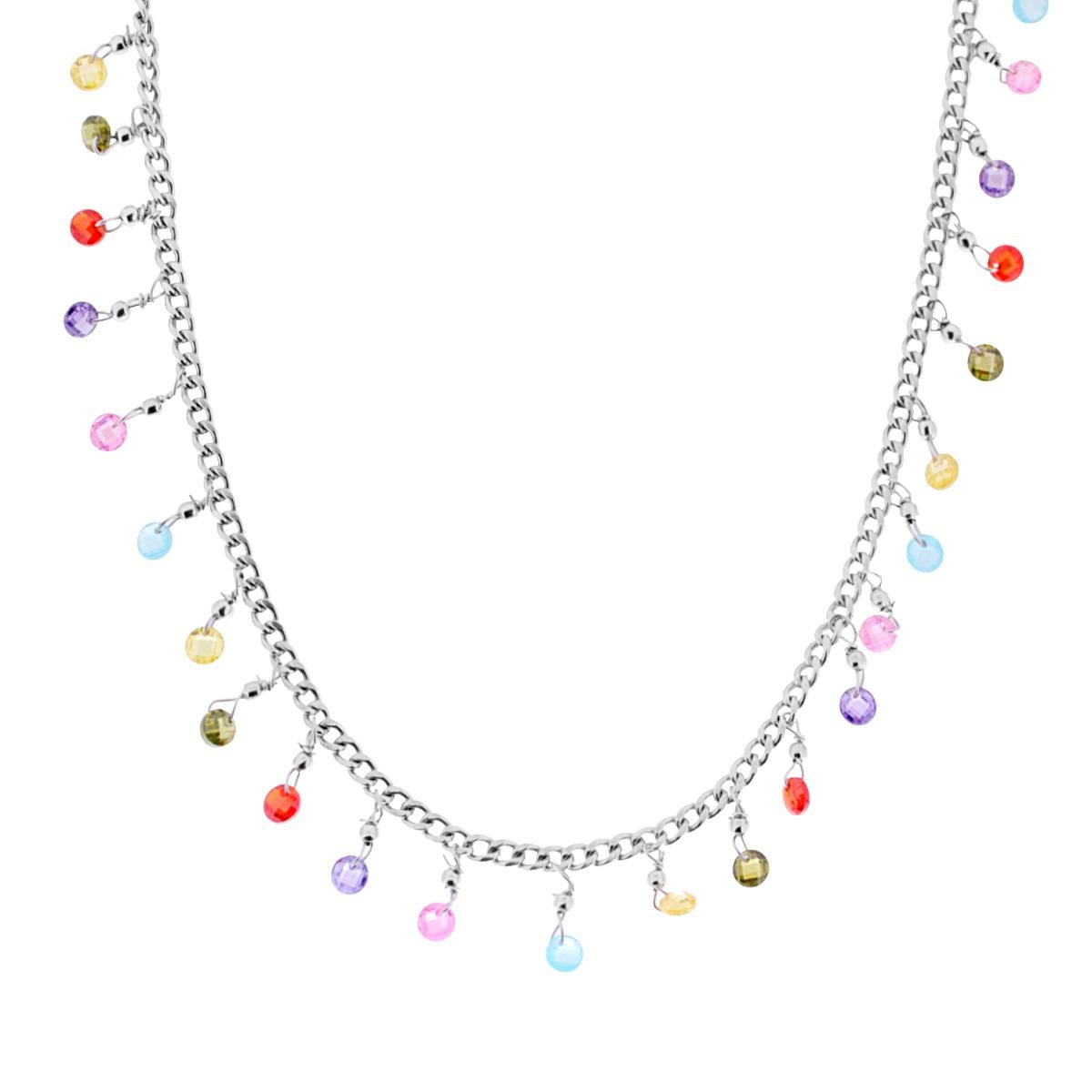Collana Catena Grumetta con Crystal Multicolor Pendenti in ARGENTO 925 Galvanica Rodio