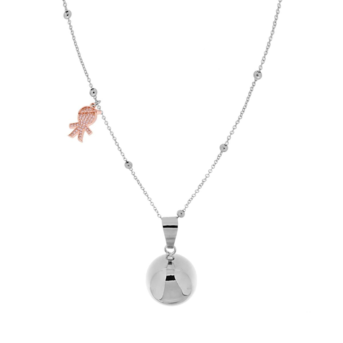 Collana Catena Forzatina Diamantata con Palline cm 90 con Chiama Angeli e Bimbo Charms Strass in ACCIAIO e BRONZO