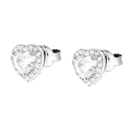 Orecchini Cuore con Zircone Bianco contornato da Zirconi Bianchi in ARGENTO 925 Galvanica Rodio
