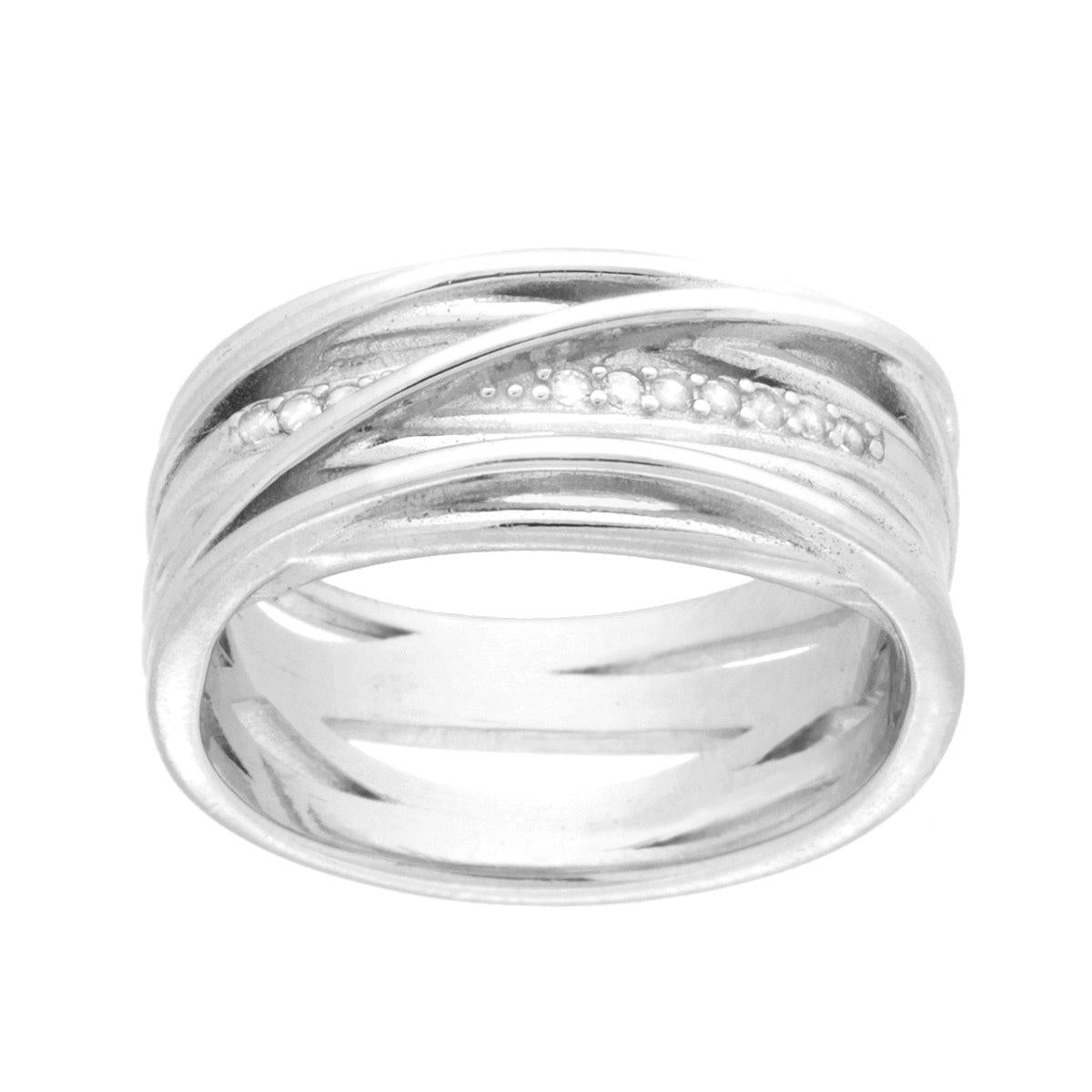 Anello Fascia multifilo con Fili Intrecciati e Cubic Zirconia Bianchi in ARGENTO 925 Galvanica Rodio