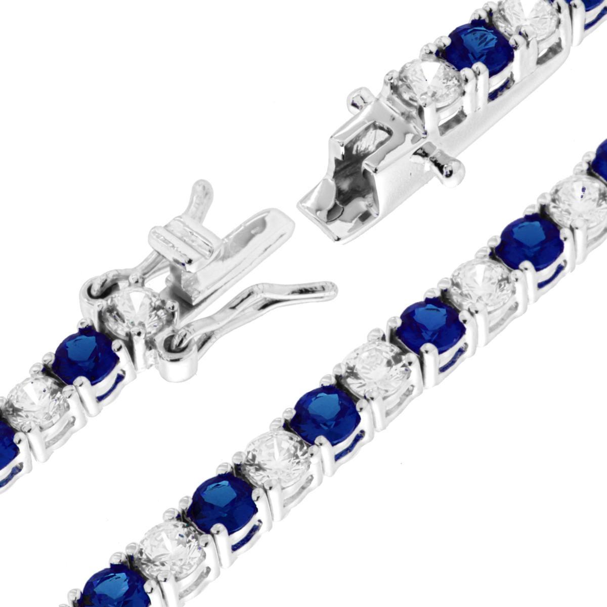 Bracciale Tennis Griffe cm 18 con Zirconi mm 3 Bianchi e Blu Zaffiro alternati in ARGENTO 925 Galvanica Rodio