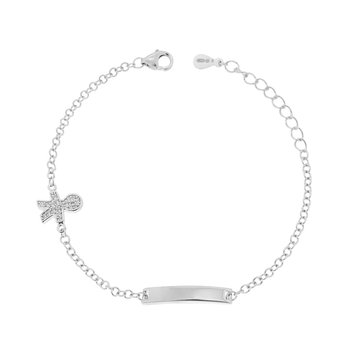 Bracciale Bimbo Bimba Catena Rolo con Targa plain e Bimbo con Zirconi Bianchi in ARGENTO 925 Galvanica Rodio