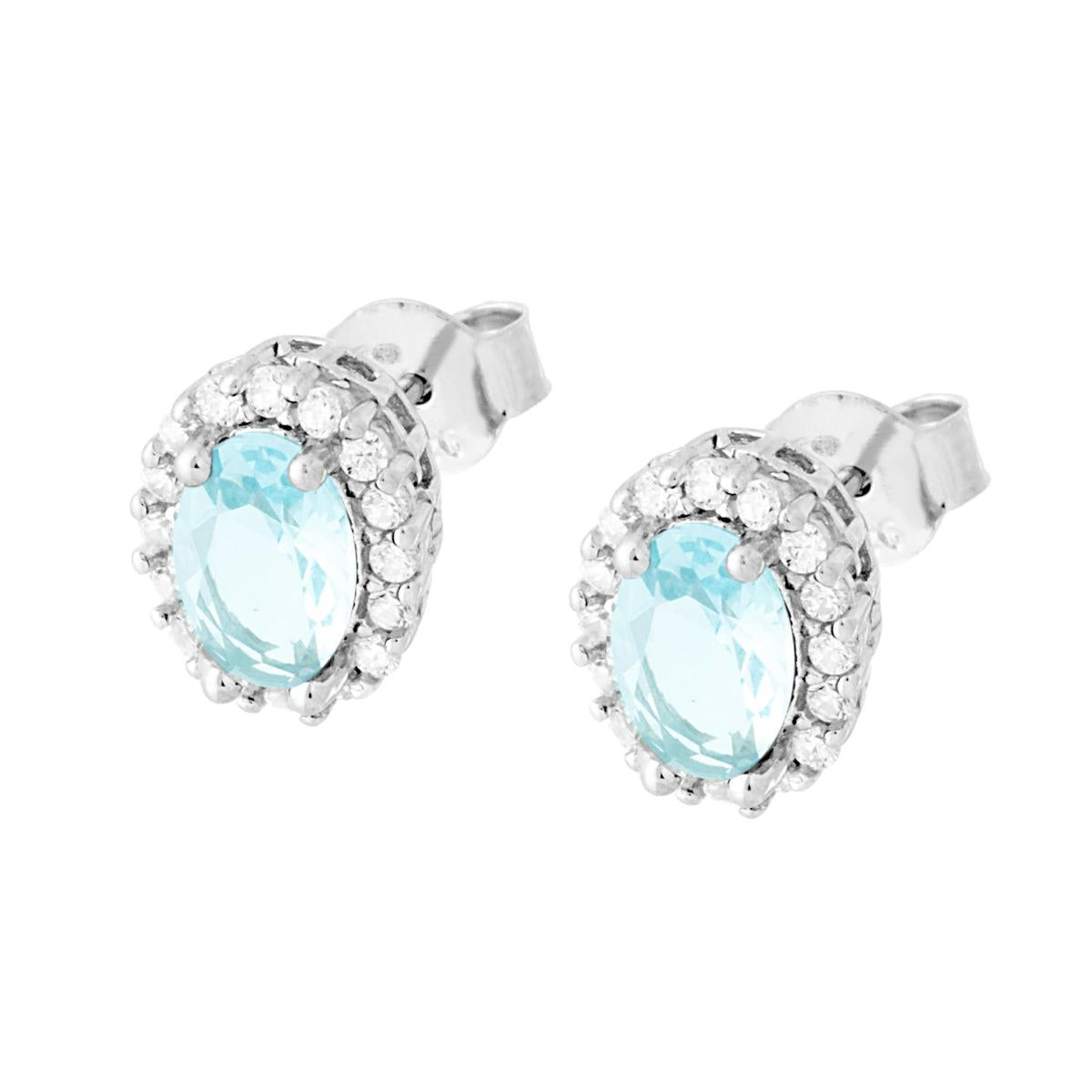 Orecchini forma Ovale con Zircone Acquamarina contornato con Zirconi Bianchi in ARGENTO 925 Galvanica Rodio