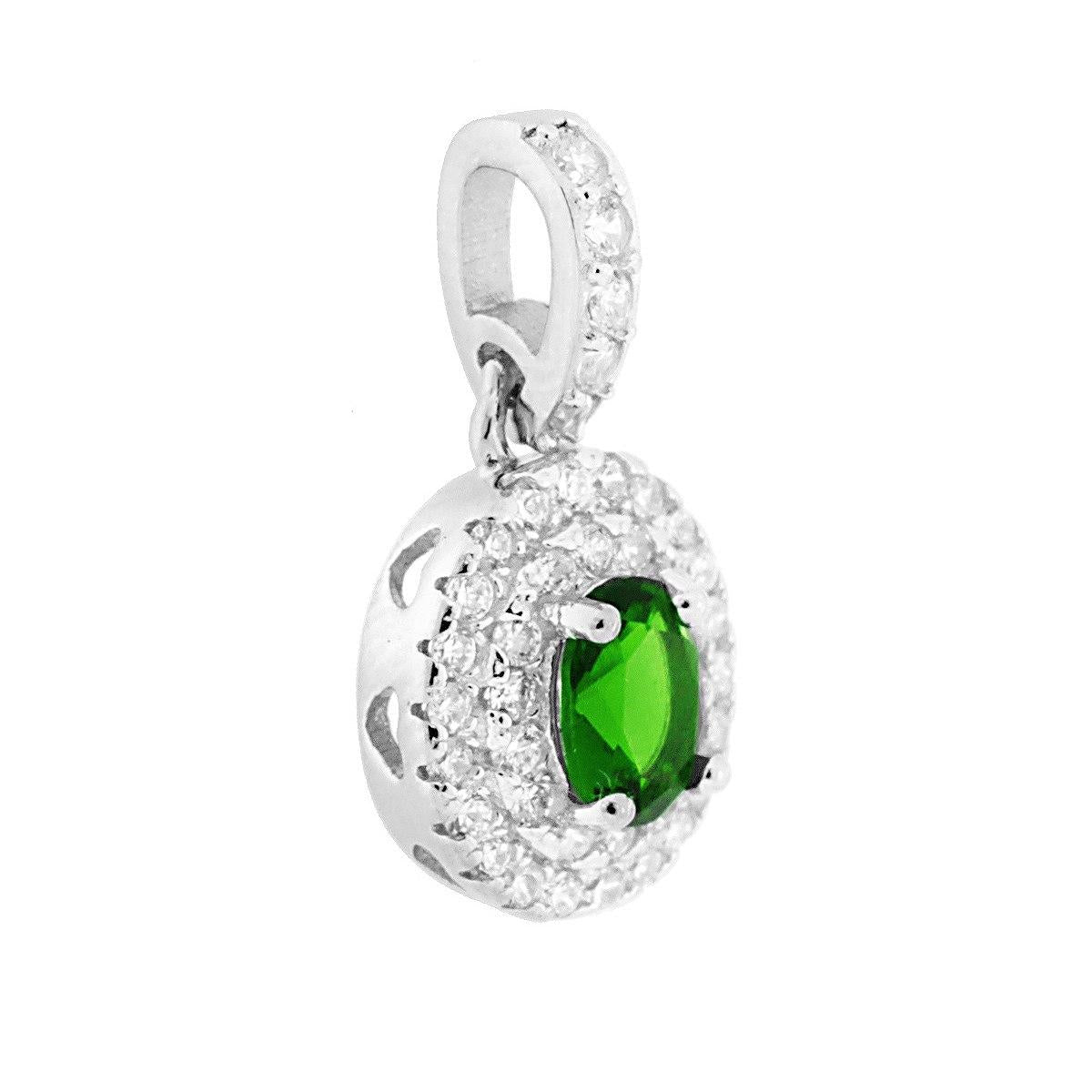 Ciondolo con Zircone Ovale Verde Smeraldo contornato da Zirconi Bianchi in ARGENTO 925 Galvanica Rodio