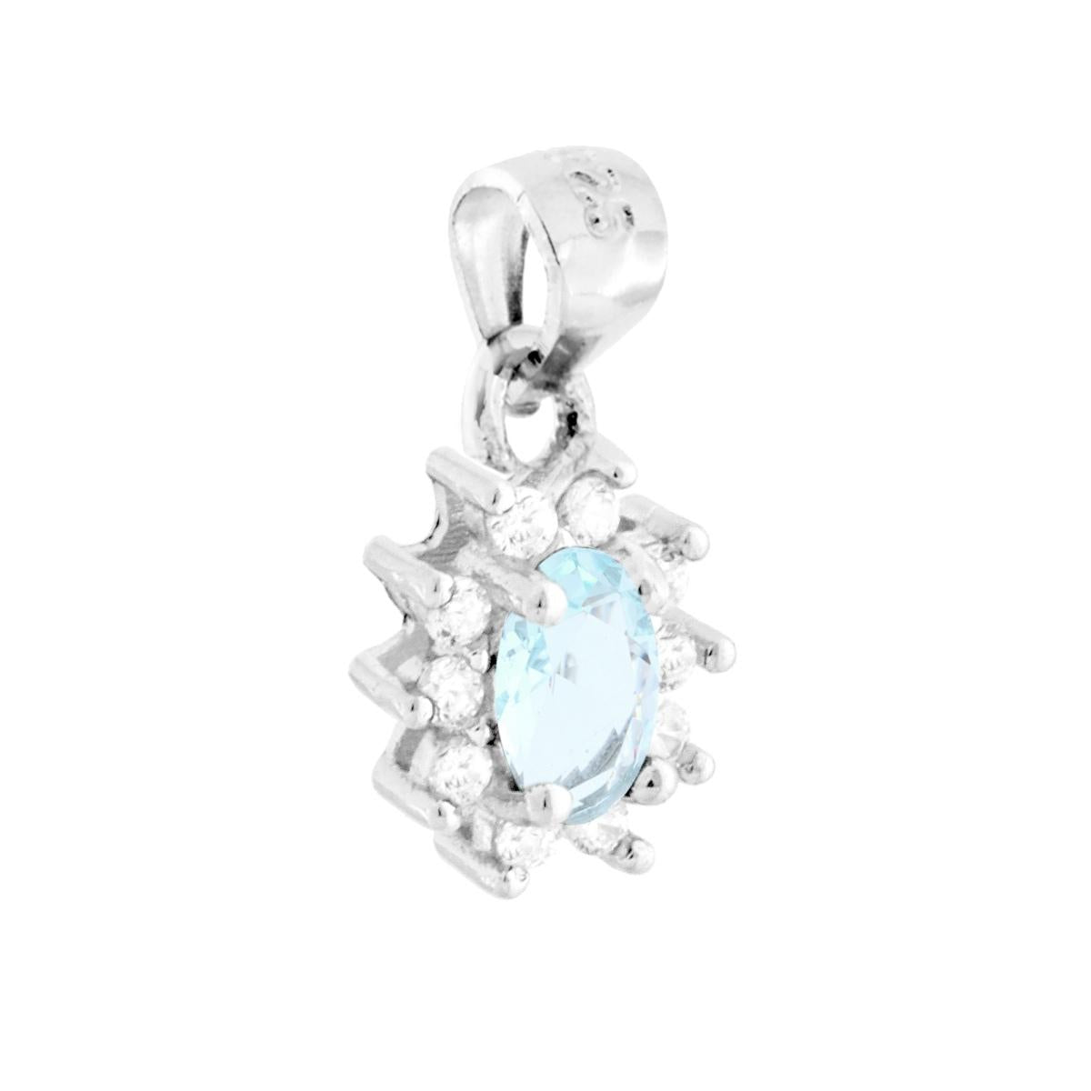 Ciondolo con Zircone Ovale Acquamarina contornato da Zirconi Bianchi in ARGENTO 925 Galvanica Rodio