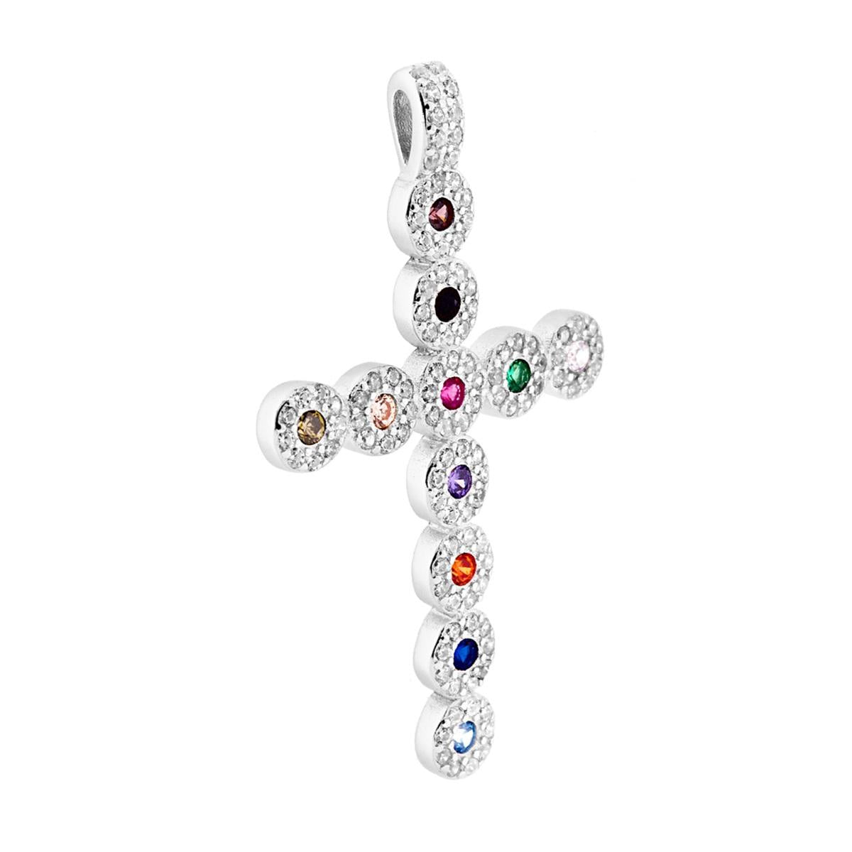 Ciondolo Croce Latina con Zirconi Multicolor e Bianchi in ARGENTO 925 Galvanica Rodio