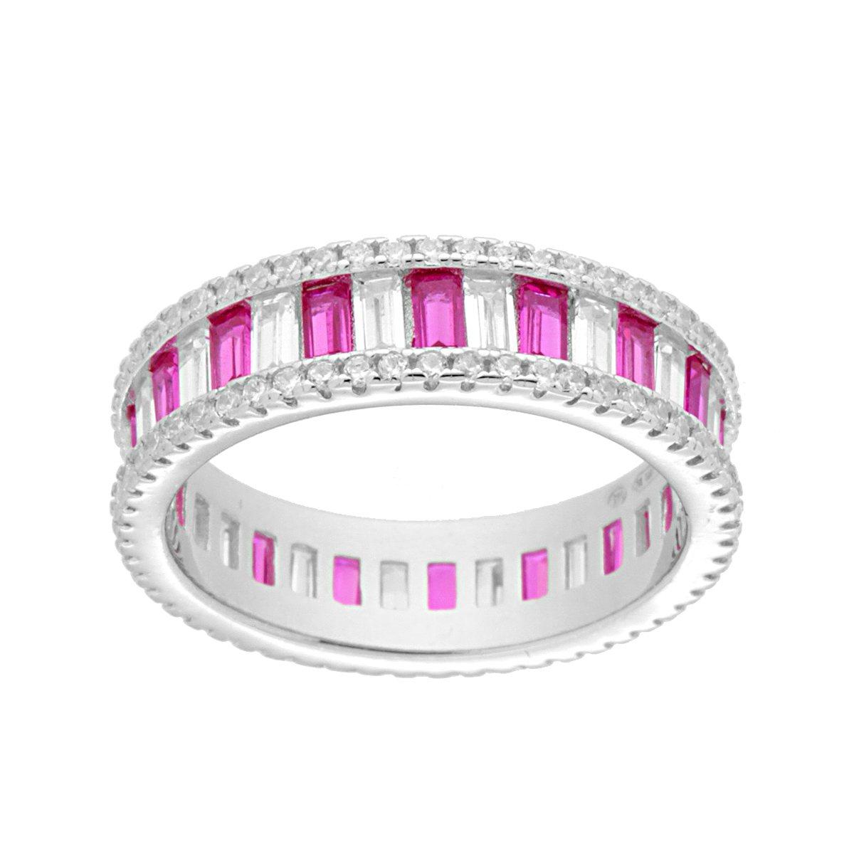 Anello Eternity con Cubic Zirconia taglio Baguette alternati Bianchi e Rosso Rubino in ARGENTO 925 Galvanica Rodio