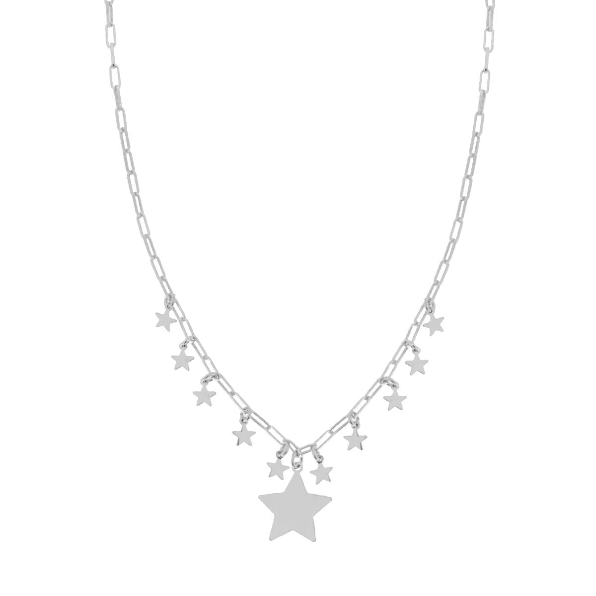 Collana catena Forzatina Allungata Rettangolare con Stelle pendenti in ARGENTO 925 Galvanica Rodio