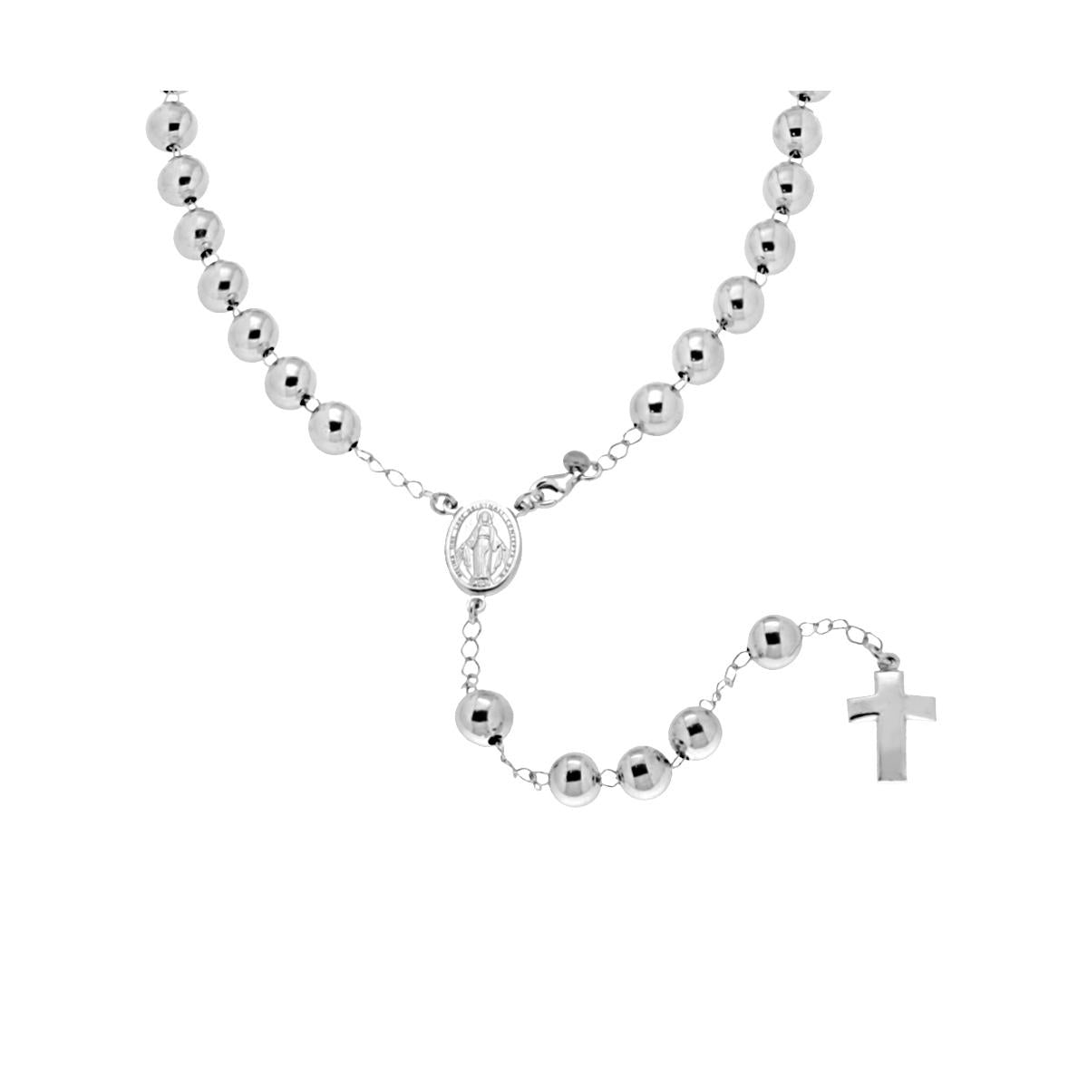 Collana Rosario cm 70 con Grani a pallina mm 8 in ARGENTO 925 Galvanica Rodio