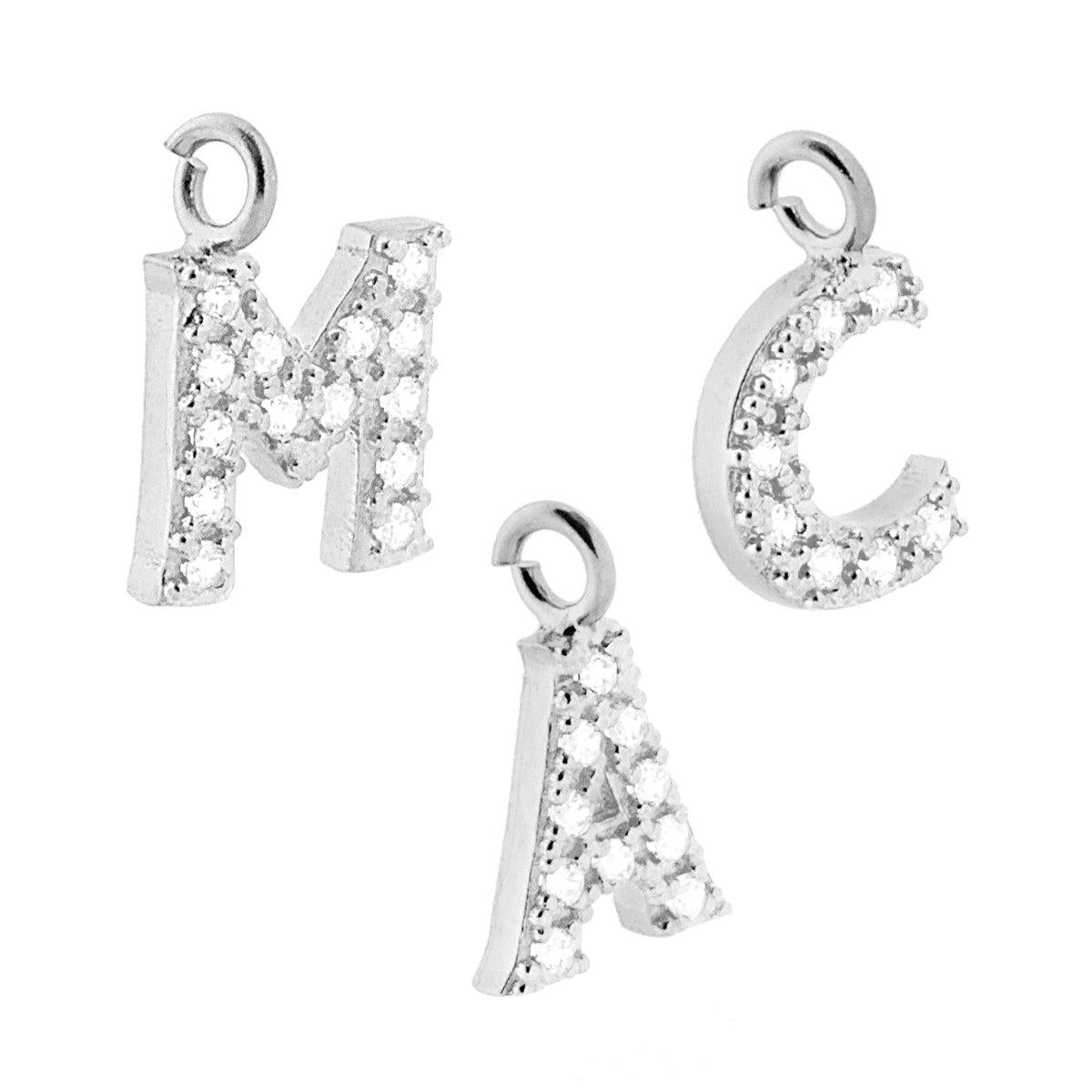 Ciondolo Lettera Iniziale Nome 13 mm con Zirconi Bianchi in ARGENTO 925 Galvanica Rodio