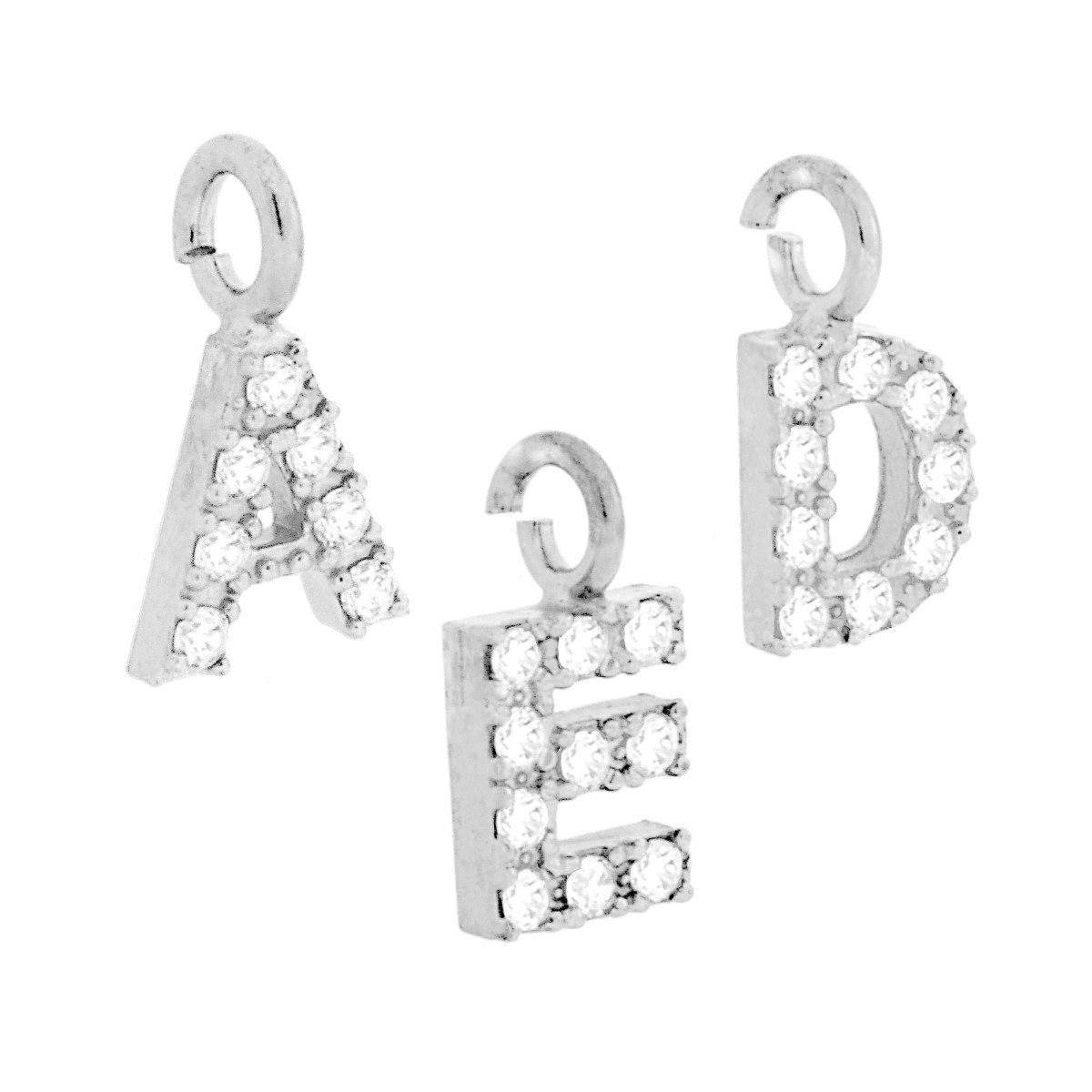 Ciondolo Lettera Iniziale Nome 11 mm con Zirconi Bianchi in ARGENTO 925 Galvanica Rodio