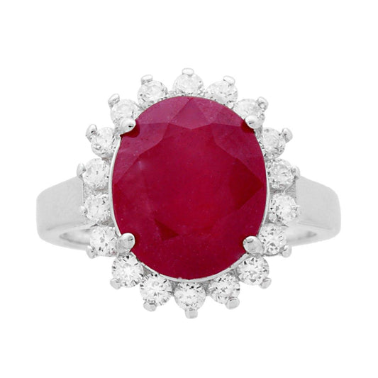 Anello Halo Solitario Pietra Naturale Ovale Rosso Rubino contornato con Zirconi Bianchi in ARGENTO 925 Galvanica Rodio