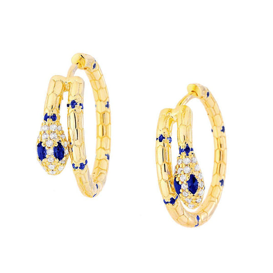 Orecchini Cerchio Serpente con Zirconi Blu Zaffiro e Bianchi in ARGENTO 925 Galvanica Oro