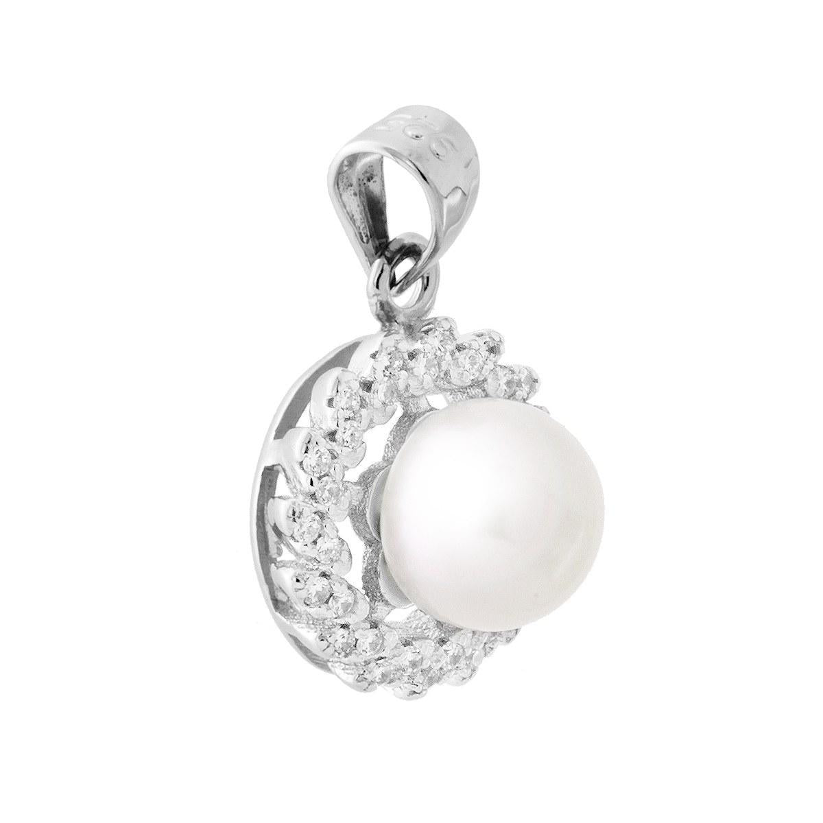 Ciondolo con Perla di fiume e Zirconi Bianchi in ARGENTO 925 Galvanica Rodio