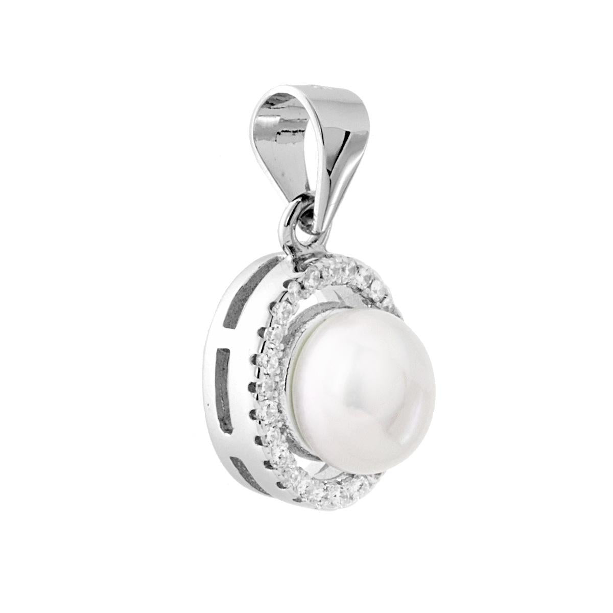 Ciondolo Ovale con Perla di fiume e Zirconi Bianchi in ARGENTO 925 Galvanica Rodio