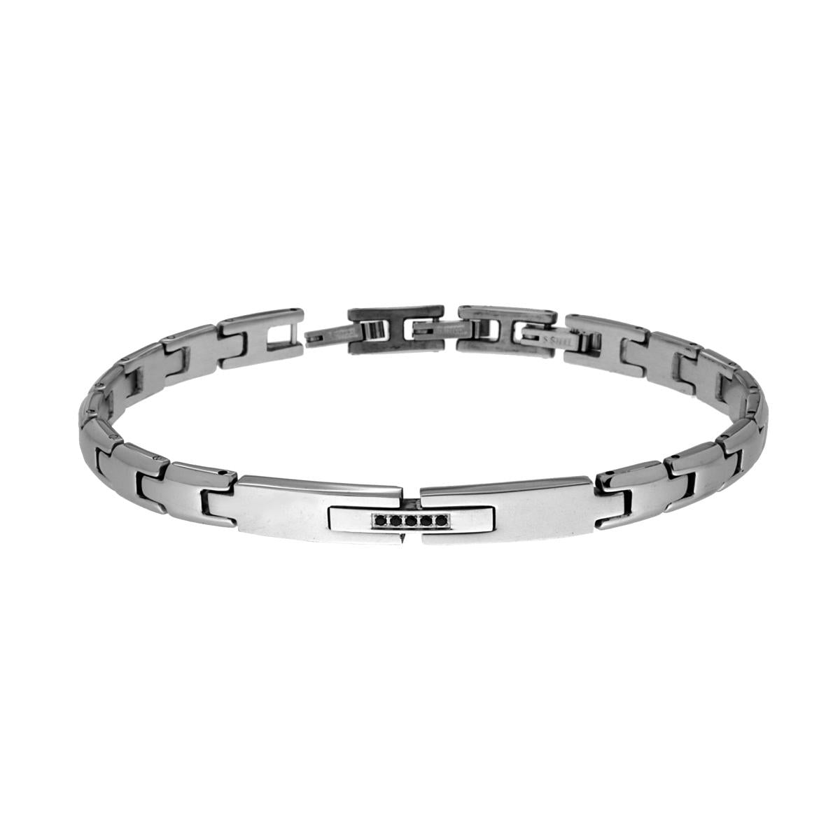 Bracciale Uomo Maglia Imperniata con Targa e Crystal Neri in ACCIAIO