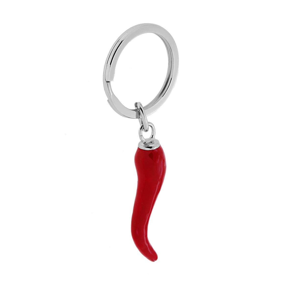 Portachiavi Uomo Donna ad anello con soggetto Portafortuna a forma di Corno Rosso in ACCIAIO