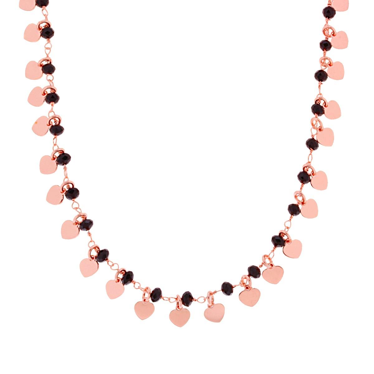 Collana con Cuori plain pendenti e Grani Crystal Neri in ARGENTO 925 Galvanica Rosa