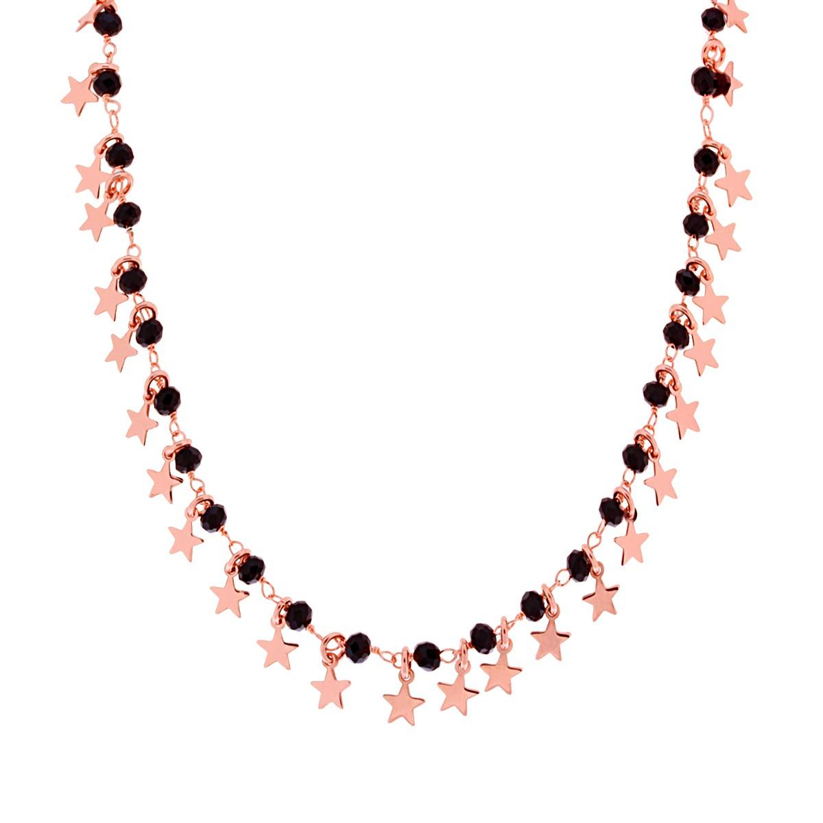 Collana con Stelle plain pendenti e Grani Crystal Neri in ARGENTO 925 Galvanica Rosa