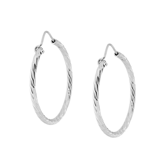 Orecchini a Cerchio Diamantato mm 30 con canna mm 2 in ARGENTO 925 Galvanica Rodio