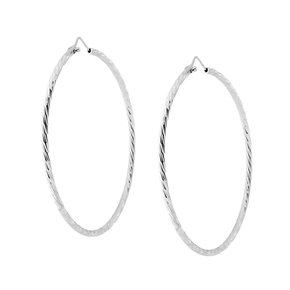 Orecchini a Cerchio Diamantato mm 57 con canna mm 2 in ARGENTO 925 Galvanica Rodio