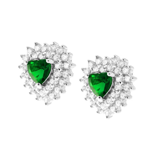 Orecchini Cuore Zircone Verde Smeraldo contornato con Zirconi Bianchi in ARGENTO 925 Galvanica Rodio