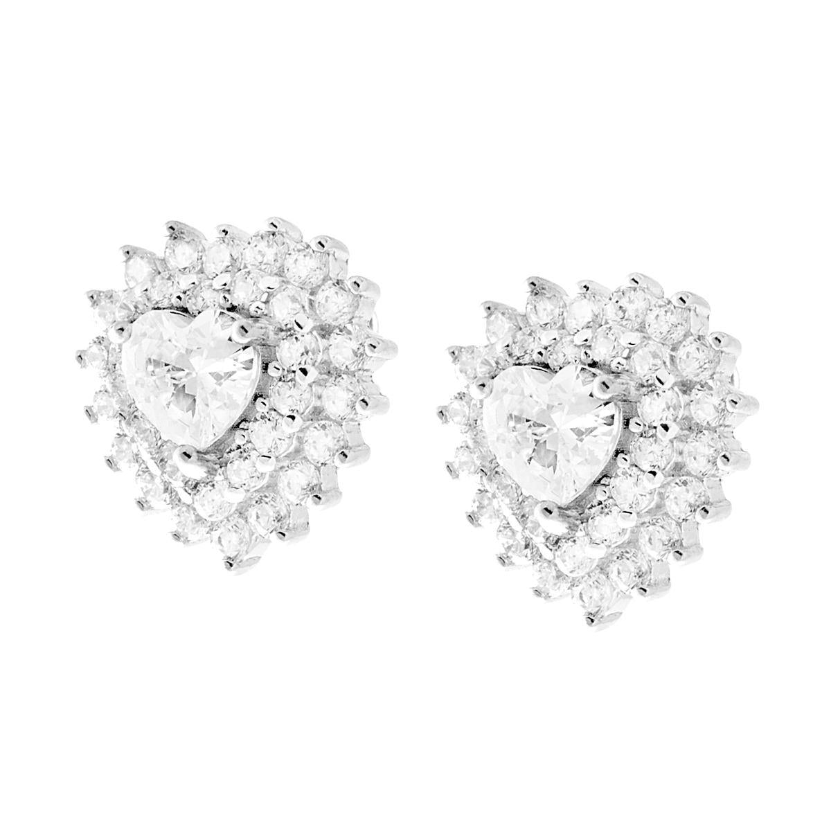 Orecchini Cuore Zircone Bianco contornato da Zirconi Bianchi in ARGENTO 925 Galvanica Rodio