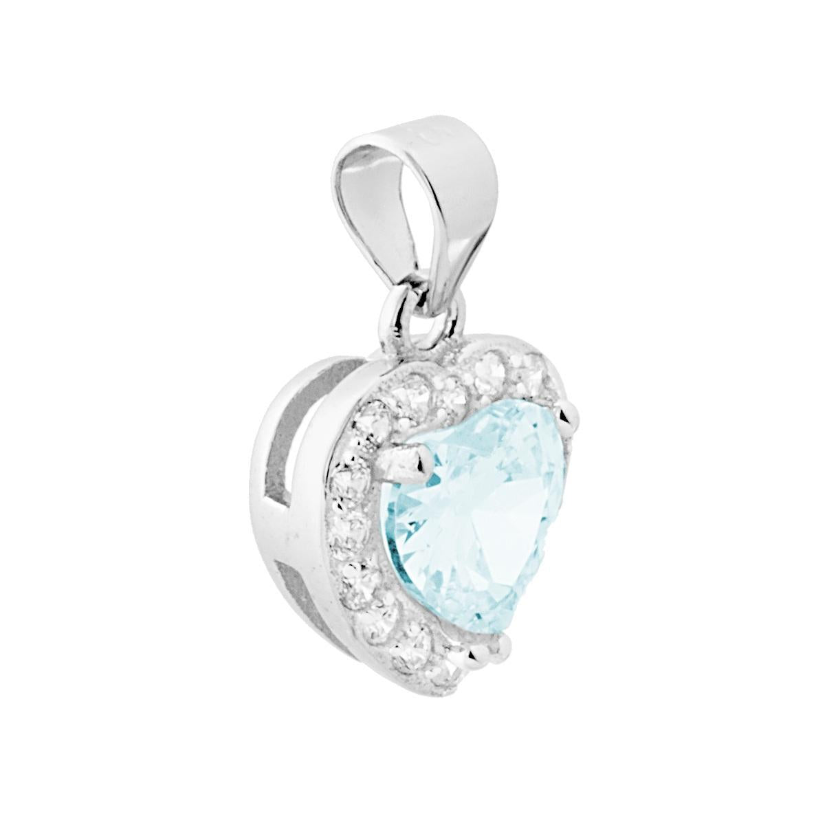 Ciondolo a forma di Cuore con Zircone Acquamarina contornato da Zirconi Bianchi in ARGENTO 925 Galvanica Rodio