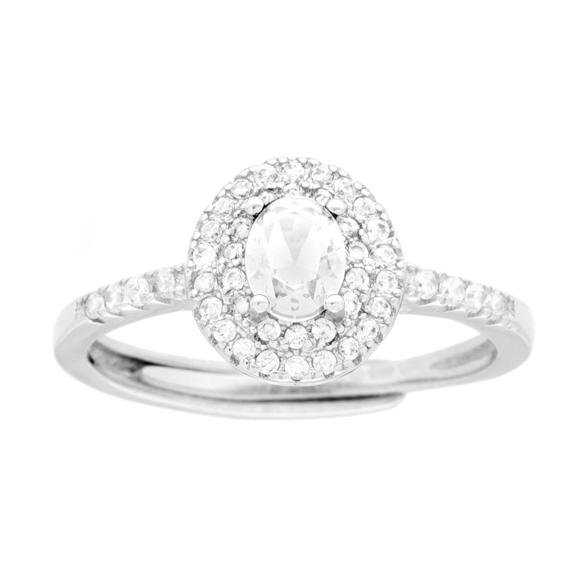 Anello Halo Solitario con Zircone Ovale Bianco contornato con Zirconi Bianchi in ARGENTO 925 Galvanica Rodio