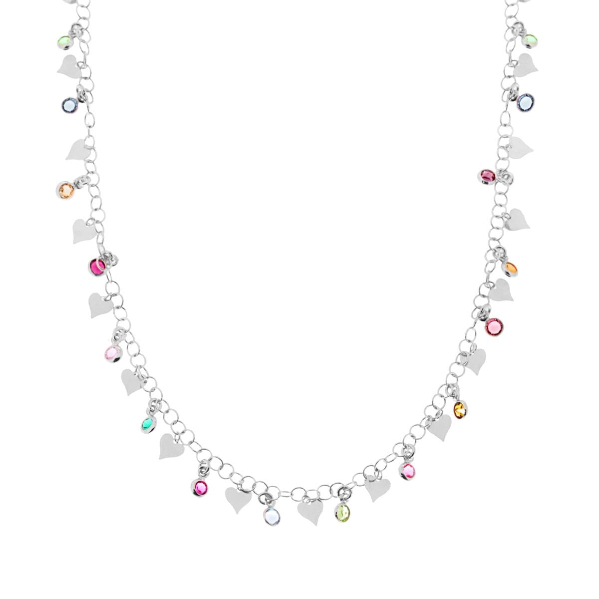 Collana Catena Rolo con Tondi Crystal Multicolor e Cuori Plain Pendenti in ARGENTO 925 Galvanica Rodio