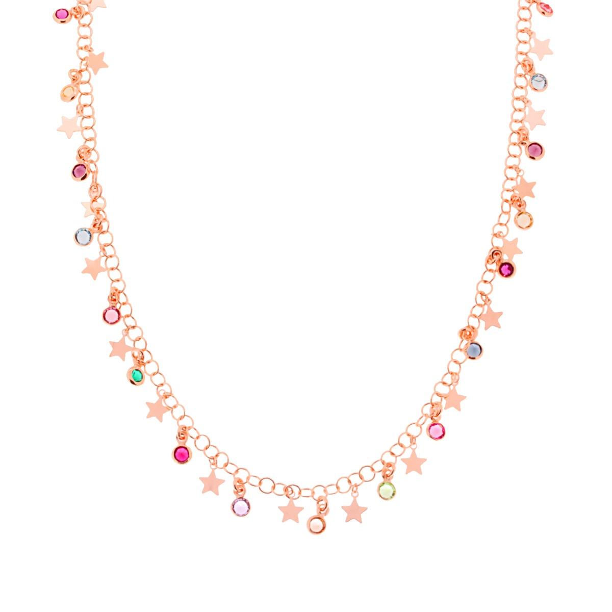 Collana Catena Rolo con Tondi Crystal Multicolor e Stelle Plain Pendenti in ARGENTO 925 Galvanica Rosa