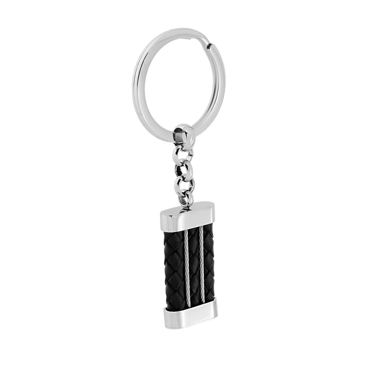 Portachiavi Uomo Donna ad anello con Accessorio in Ecopelle Nero in ACCIAIO
