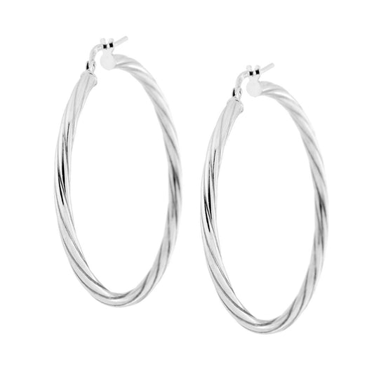 Orecchini a Cerchio mm 45 con Canna Ritorta mm 3 in ARGENTO 925 Galvanica Rodio