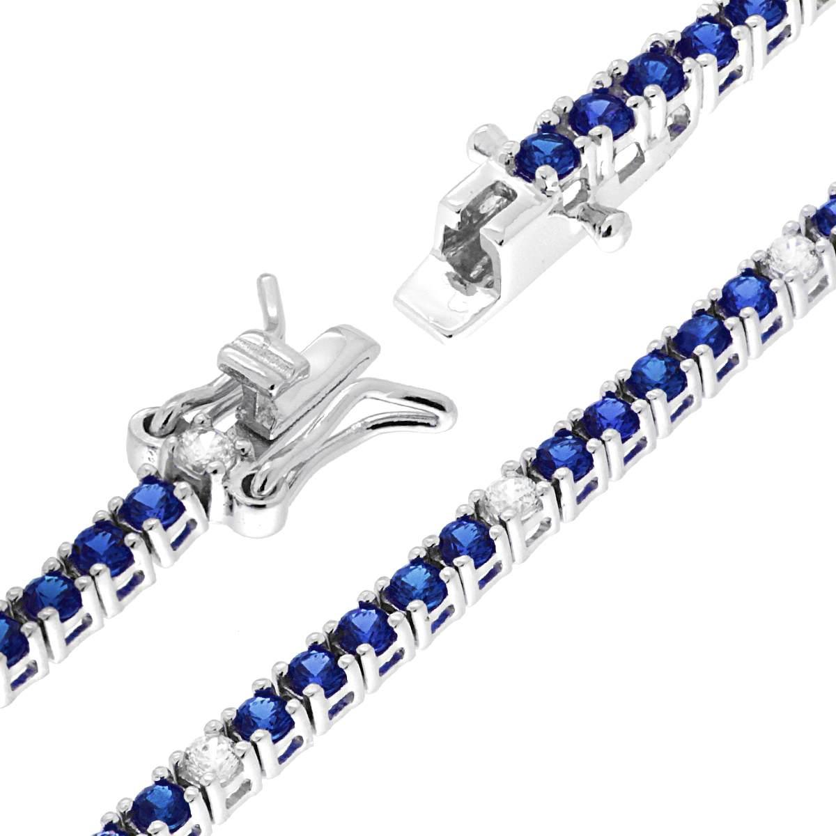 Bracciale Tennis Griffe cm 18 con Zirconi mm 2 Bianchi e Blu Zaffiro alternati in ARGENTO 925 Galvanica Rodio