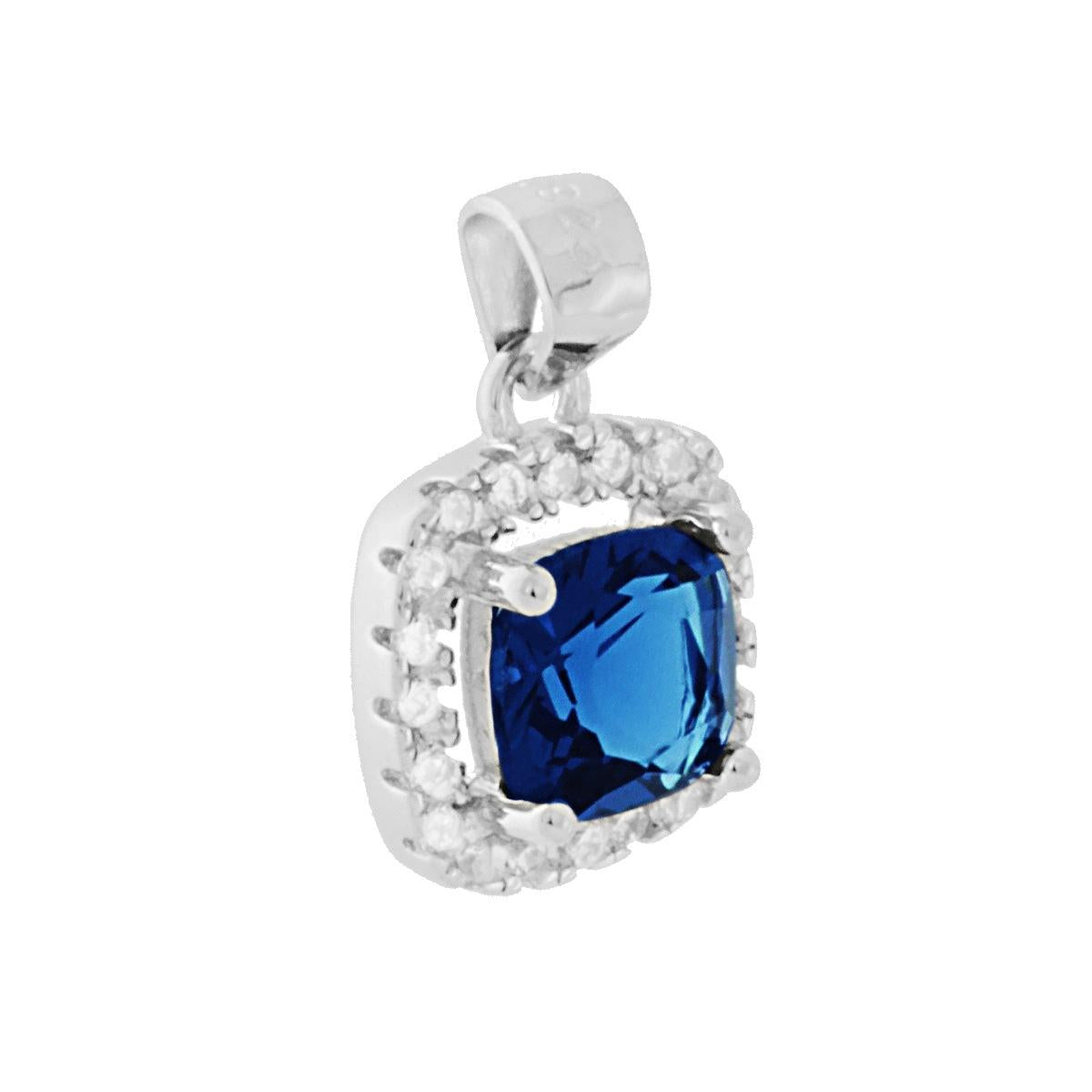 Ciondolo Zircone Quadrato Cushion Blu Zaffiro contornato da Zirconi Bianchi in ARGENTO 925 Galvanica Rodio