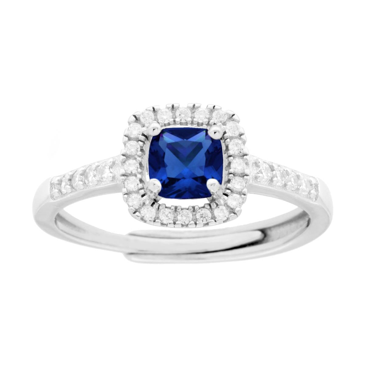 Anello Halo Solitario con Zircone Quadrato Cushion Blu Zaffiro contornato con Zirconi Bianchi in ARGENTO 925 Galvanica Rodio