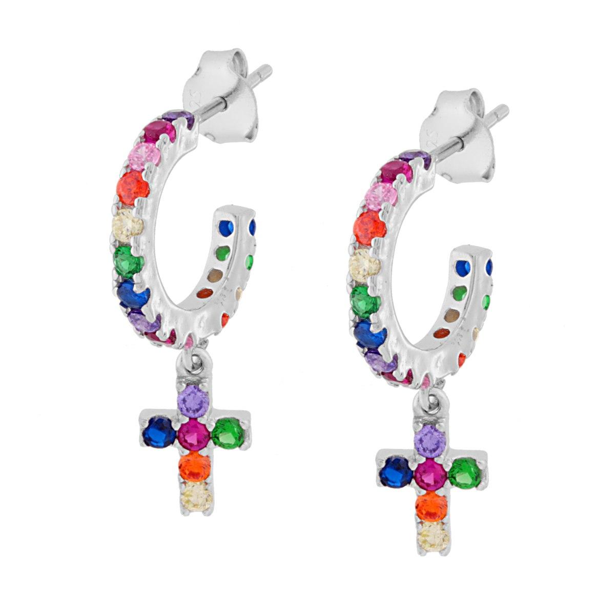 Orecchini Cerchio mm 15 con Croce pendente con Zirconi Rainbow Multicolor in ARGENTO 925 Galvanica Rodio