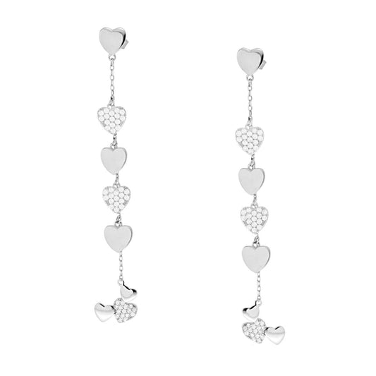 Orecchini Catena Forzatina Diamantata con Cuori plain e Cuori con Zirconi Bianchi pendenti in ARGENTO 925 Galvanica Rodio