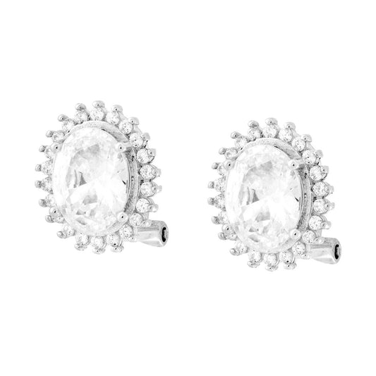 Orecchini Zircone Ovale Bianco contornato da Zirconi Bianchi in ARGENTO 925 Galvanica Rodio