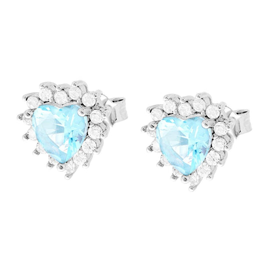 Orecchini Cuore Zircone Acquamarina contornato da Zirconi Bianchi in ARGENTO 925 Galvanica Rodio