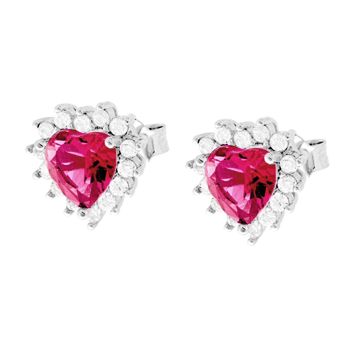 Orecchini Cuore Zircone Rosso Rubino contornato da Zirconi Bianchi in ARGENTO 925 Galvanica Rodio