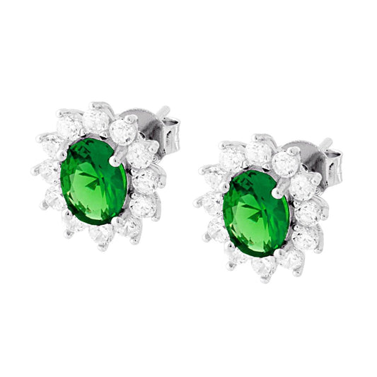 Orecchini Ovale Zircone Verde Smeraldo contornato da Zirconi Bianchi in ARGENTO 925 Galvanica Rodio