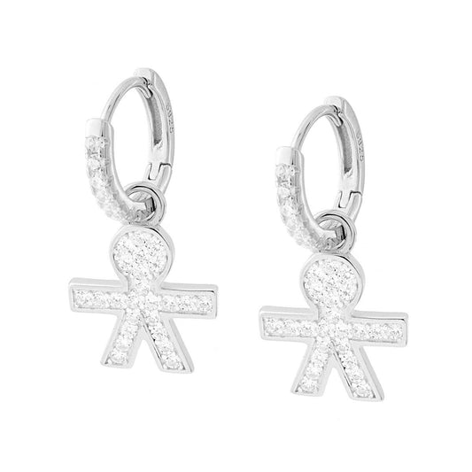 Orecchini Cerchio mm 13 con Bimbo pendente con Zirconi Bianchi in ARGENTO 925 Galvanica Rodio