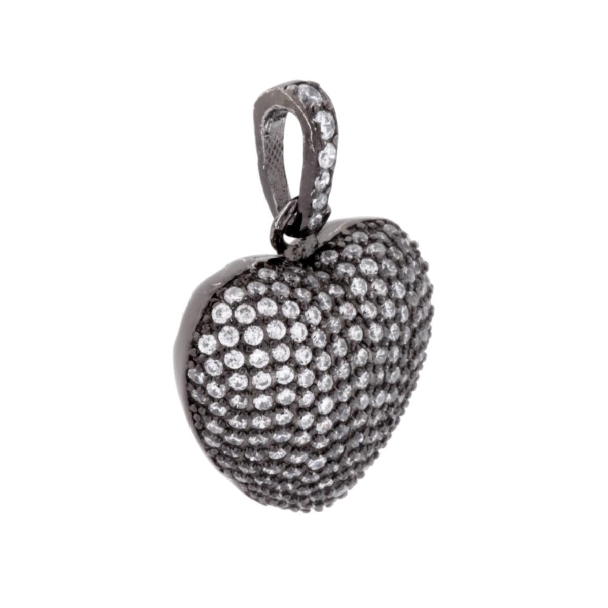 Ciondolo Cuore Bombato con pave di Zirconi Bianchi e Cuori Traforati in ARGENTO 925 Galvanica Rutenio