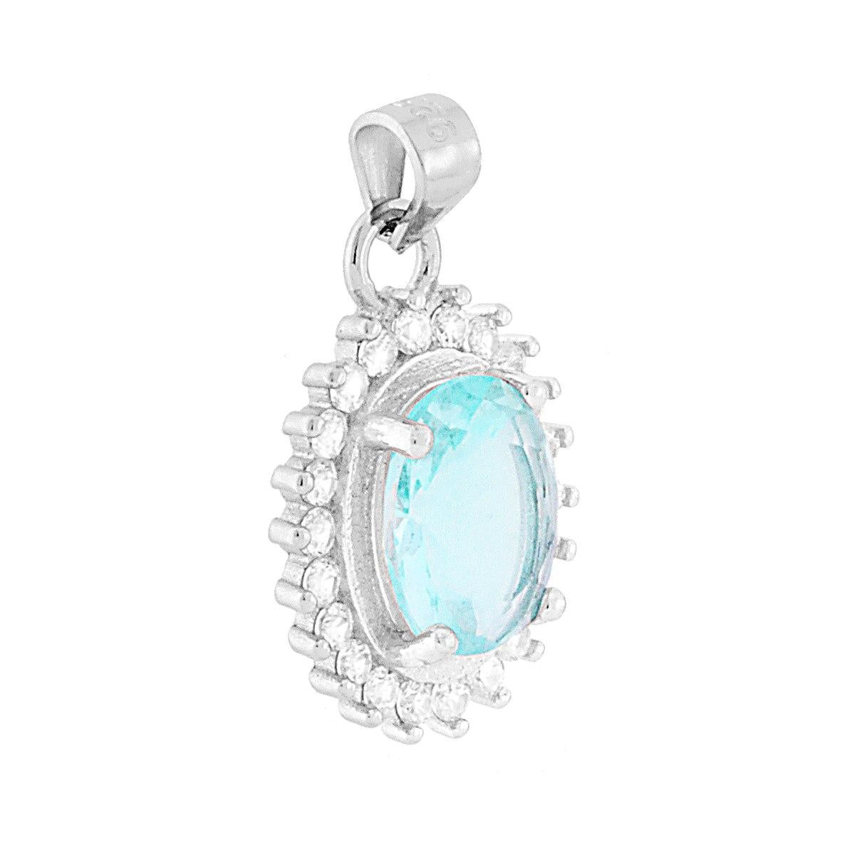 Ciondolo Ovale con Zircone Acquamarina contornato da Zirconi Bianchi in ARGENTO 925 Galvanica Rodio