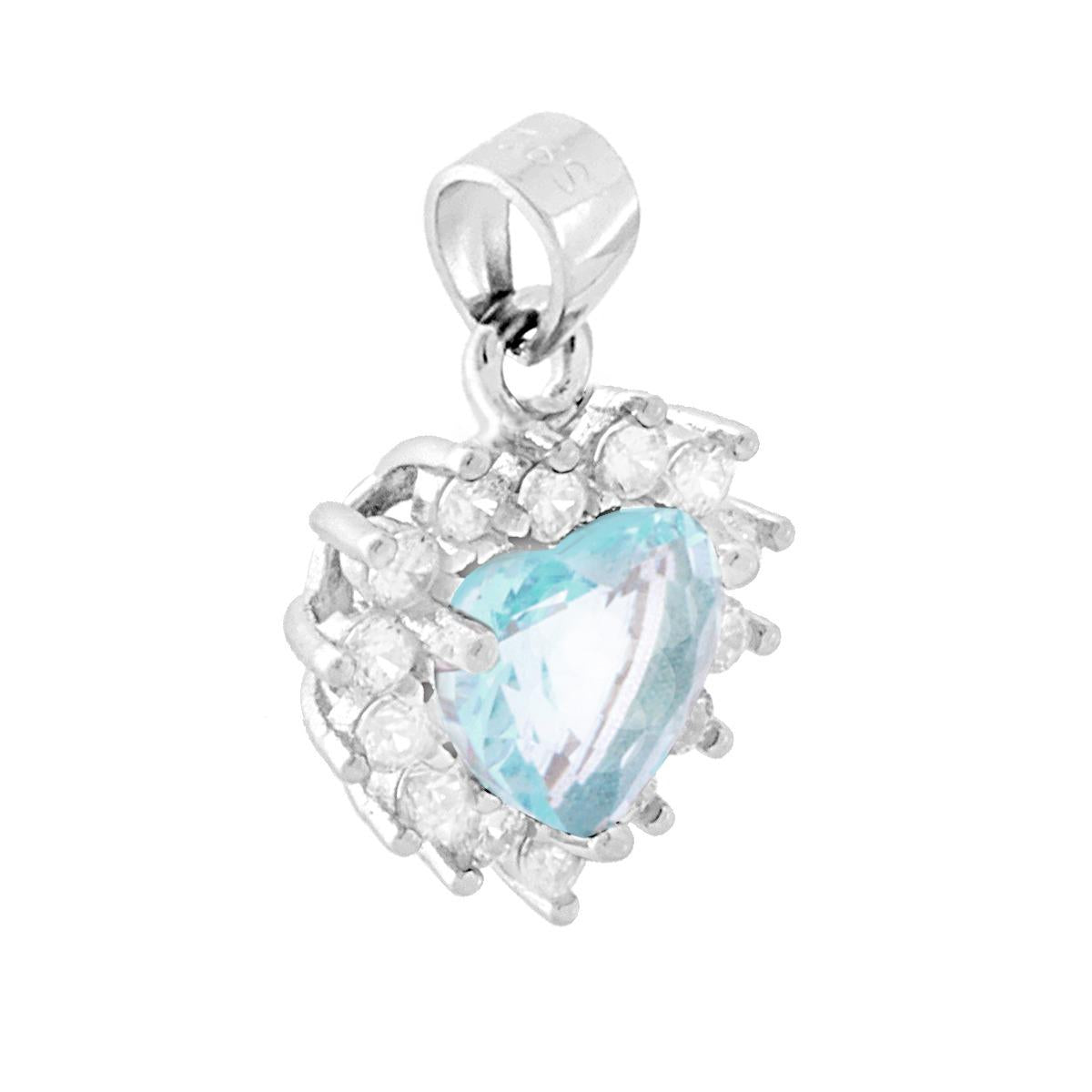 Ciondolo Cuore con Zircone Acquamarina contornato da Zirconi Bianchi in ARGENTO 925 Galvanica Rodio