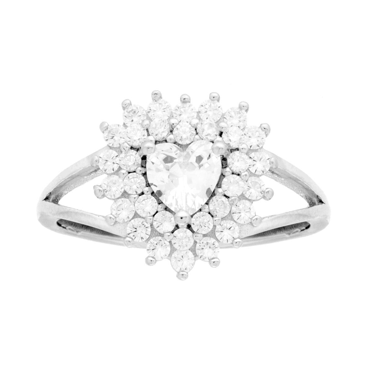 Anello Solitario Cuore con Zircone Bianco contornato da Zirconi Bianchi in ARGENTO 925 Galvanica Rodio