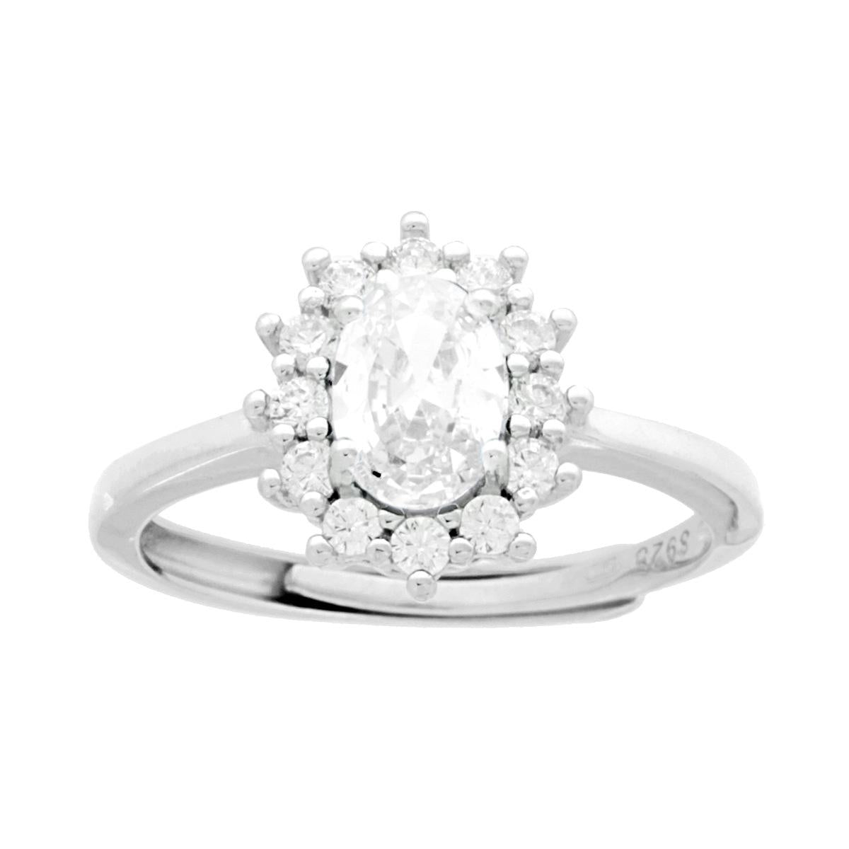 Anello Halo Solitario Ovale con Zircone Bianco contornato da Zirconi Bianchi in ARGENTO 925 Galvanica Rodio