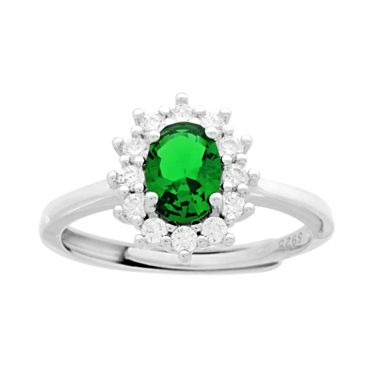 Anello Halo Solitario Ovale con Zircone Verde Smeraldo contornato da Zirconi Bianchi in ARGENTO 925 Galvanica Rodio