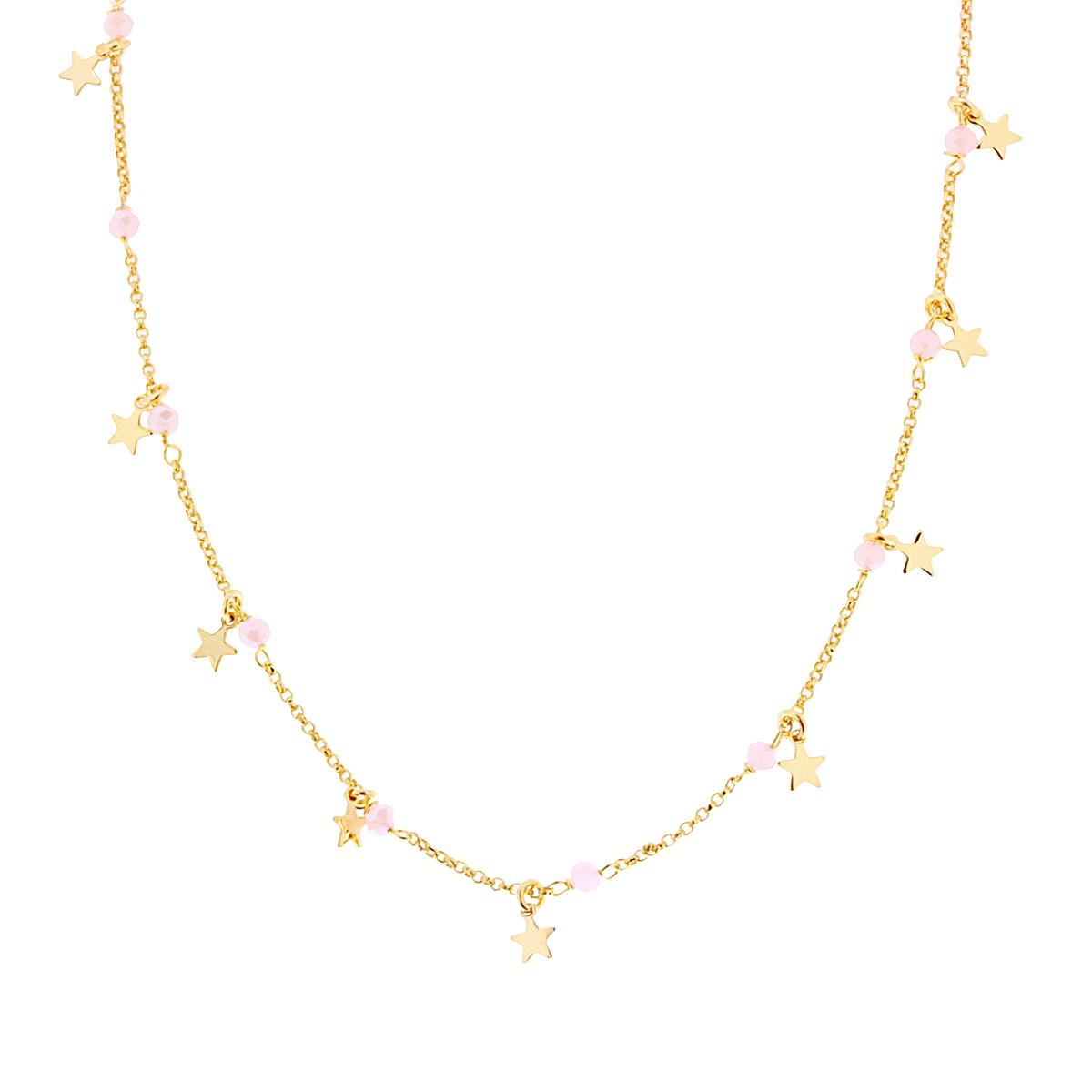 Collana Catena Rolo Diamantata con Stelle plain pendenti e Crystal Rosa in ARGENTO 925 Galvanica Oro
